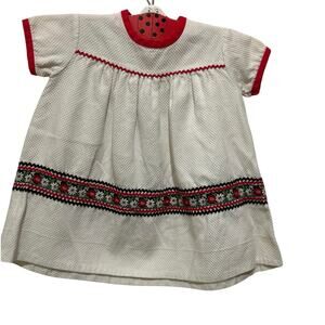 Vtg Wht Textured Infant Dress, embroidered Multi Color trim, Approx. 18-24month